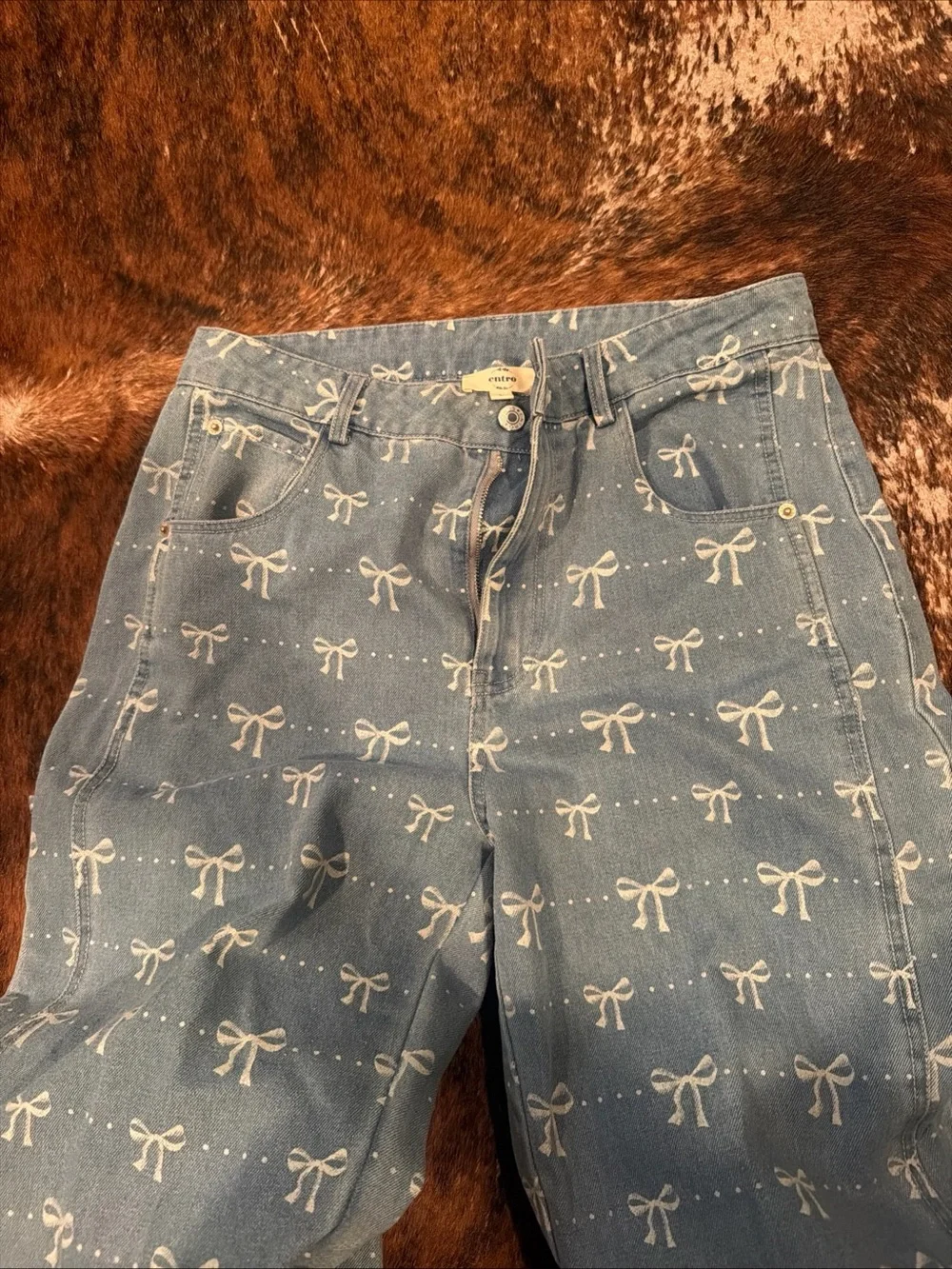 Entro Bow Print Denim Vest and Barrel Pants Set Womens Size L Coquette Monochrom